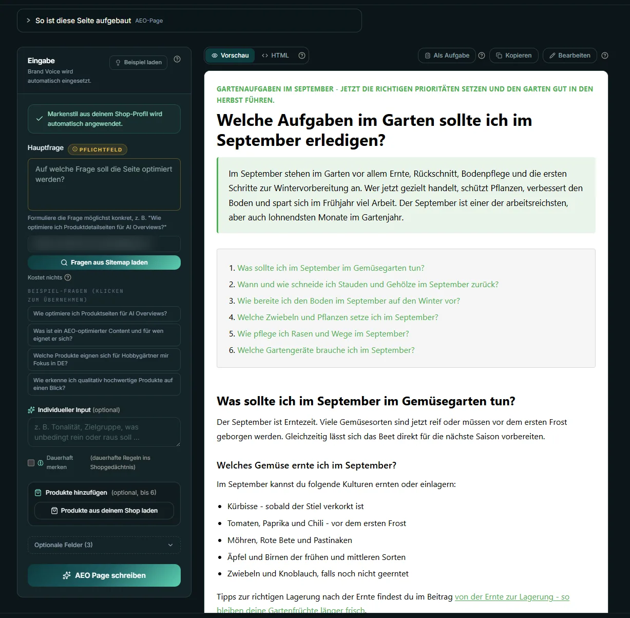 AEO Page Builder mit fertiger Frage-Antwort-Seite in der Vorschau