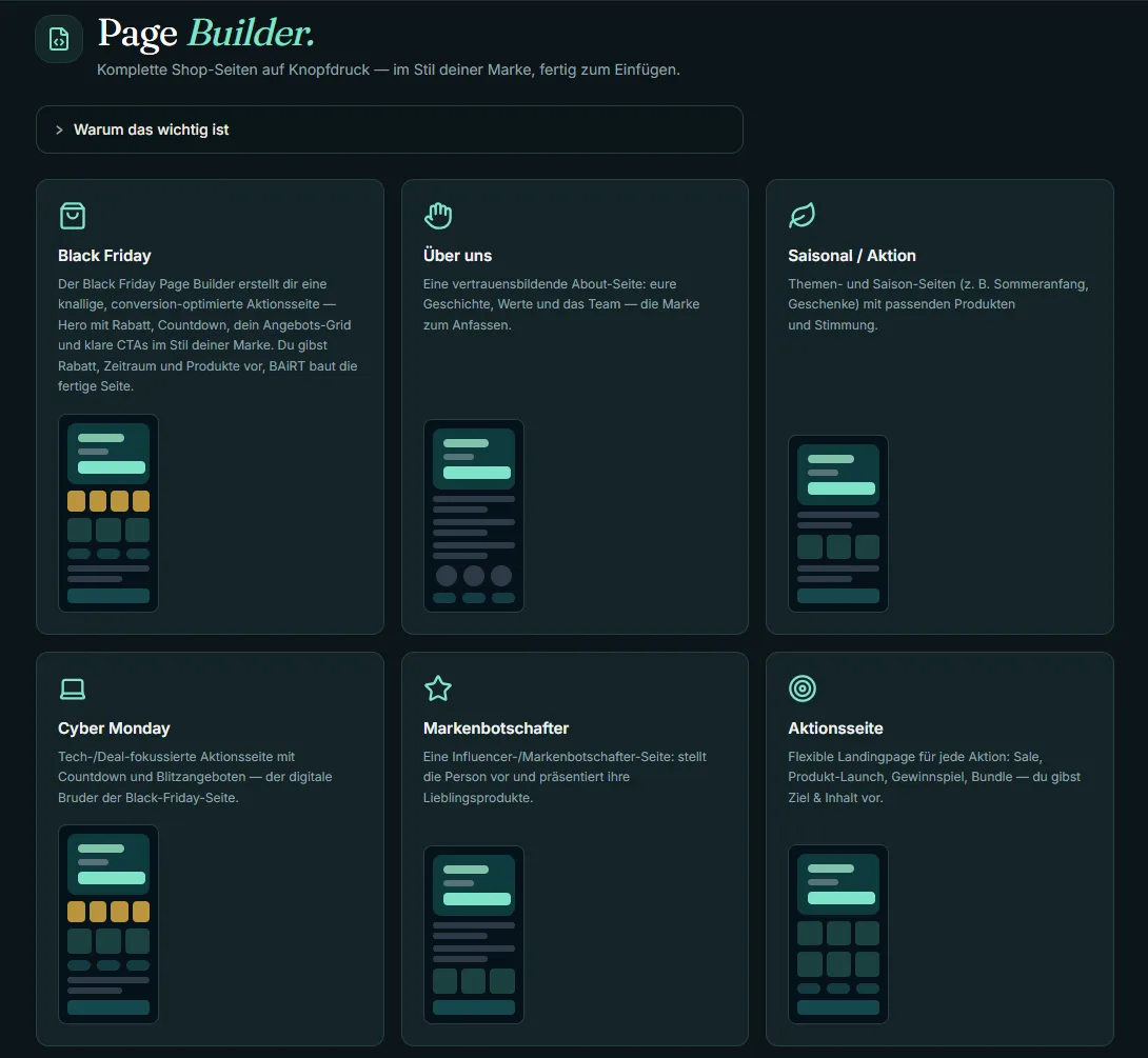 Page Builder mit fertigen Seitentypen von Black Friday bis Über-uns