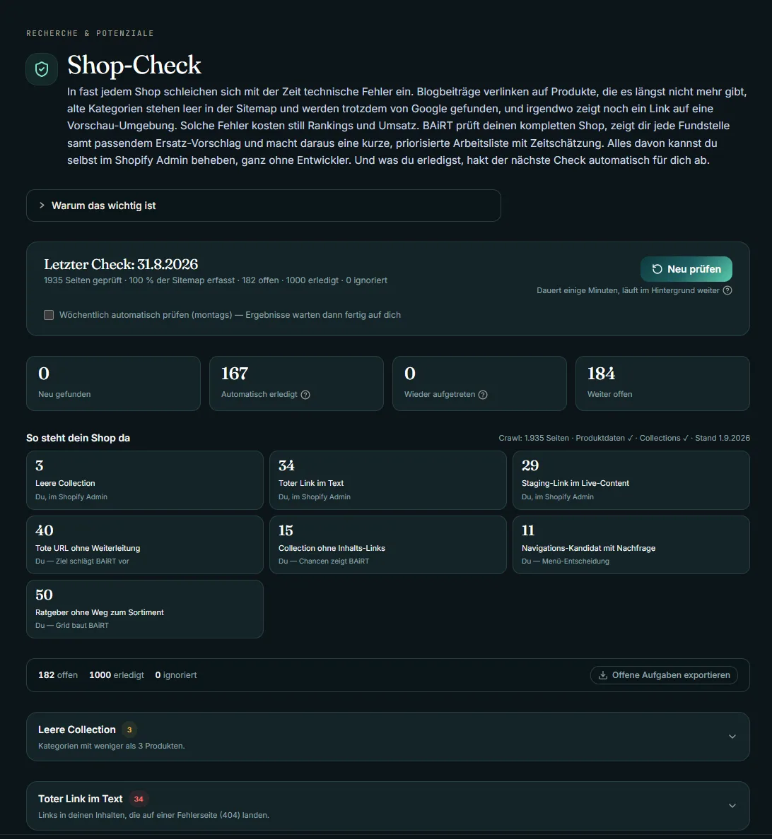 Shop-Check mit priorisierter Arbeitsliste und automatisch erledigten Befunden